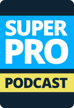 Super Pro Podcast logo with bold text inviting users to listen.