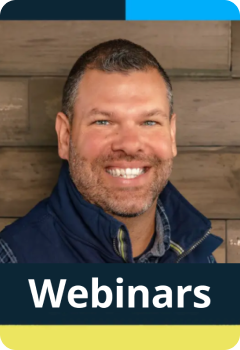 Headshot of a presenter promoting industry webinars.