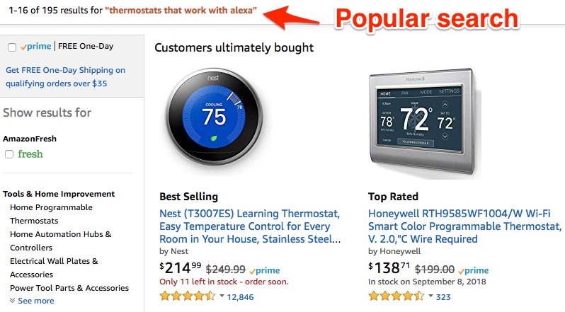 Popular thermostat search results on Amazon 