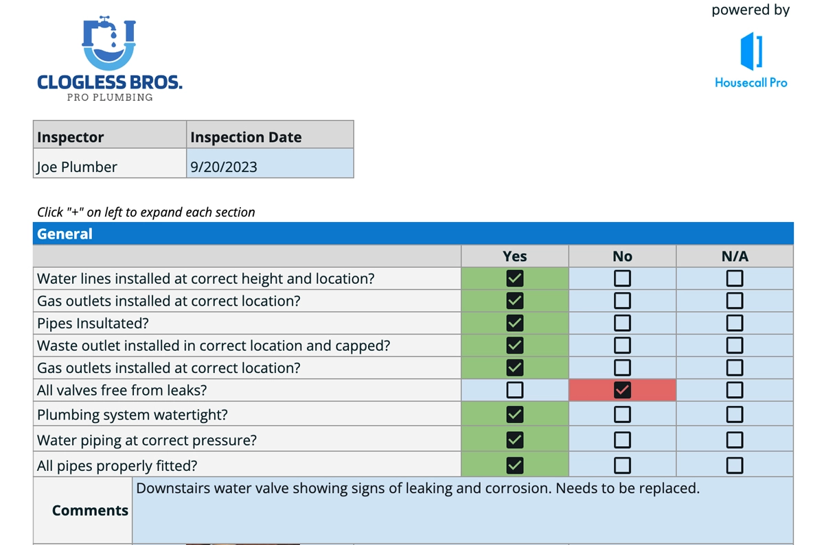 general plumbing inspection report