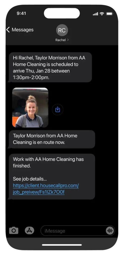 Housecall Pro sms cleaning business software text message send customer arrival time