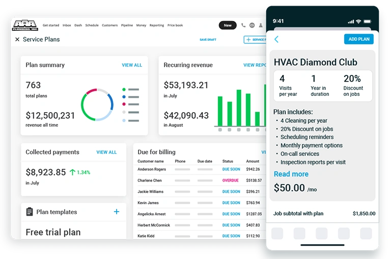 Recurring service plan software mock up dashboard on mobile and desktop